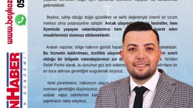 Yeniden Refah Partisi’nden Arabalı Vapur Tepkisi: “Beykoz’un Ulaşımı Göz Ardı Edilemez”